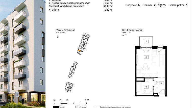 Rzut - Mieszkanie na sprzedaż 1 pokój o powierzchni 30,06 m² - numer A.21 w Osiedle Kochanowskiego - Gliwice