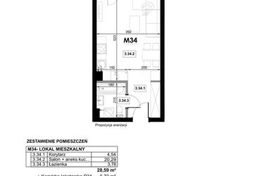 Rzut - Mieszkanie na sprzedaż 1 pokój o powierzchni 28,59 m² - numer M34 w Miejska Premium II