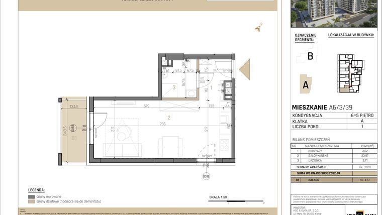 Rzut - Mieszkanie na sprzedaż 1 pokój o powierzchni 31,23 m² - numer A6/3/39 w GEMINI G-7