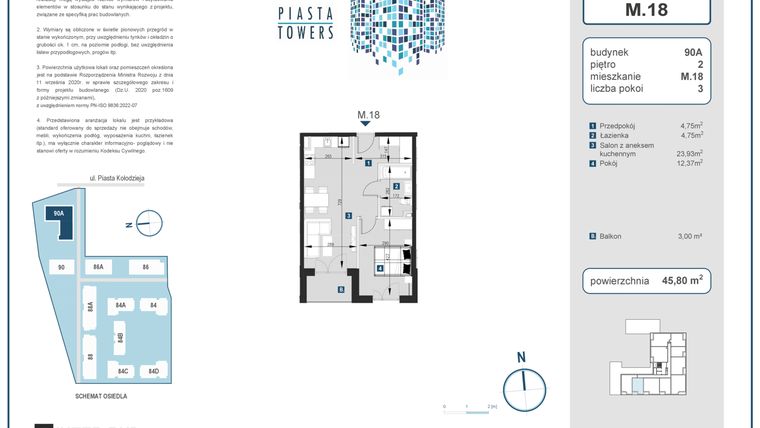 Rzut - Mieszkanie na sprzedaż 2 pokoje o powierzchni 45,8 m² - numer 18 w Piasta Towers bud. 90A