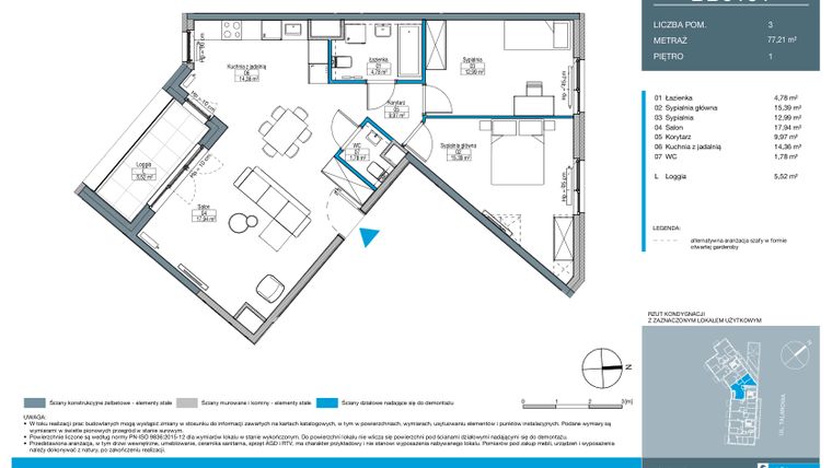 Rzut - Mieszkanie na sprzedaż 3 pokoje o powierzchni 77,21 m² - numer BB0101 w Talarowa Park