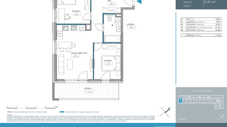 Rzut - Mieszkanie na sprzedaż 3 pokoje o powierzchni 57,99 m² - numer 1.1.1.02 w Nordic Powstańców Śląskich