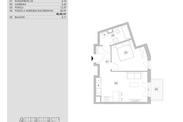 Rzut - Mieszkanie na sprzedaż 2 pokoje o powierzchni 42,45 m² - numer A3.6.74 w ATAL Ruczaj