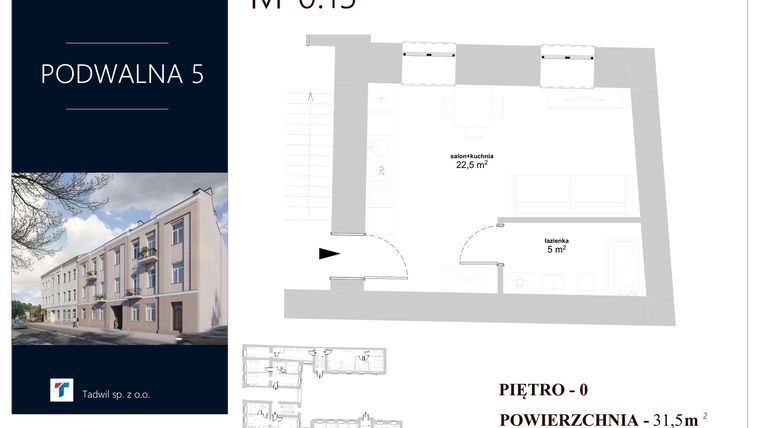 Rzut - Mieszkanie na sprzedaż 1 pokój o powierzchni 31,5 m² - numer M 0.15 w Podwalna 5