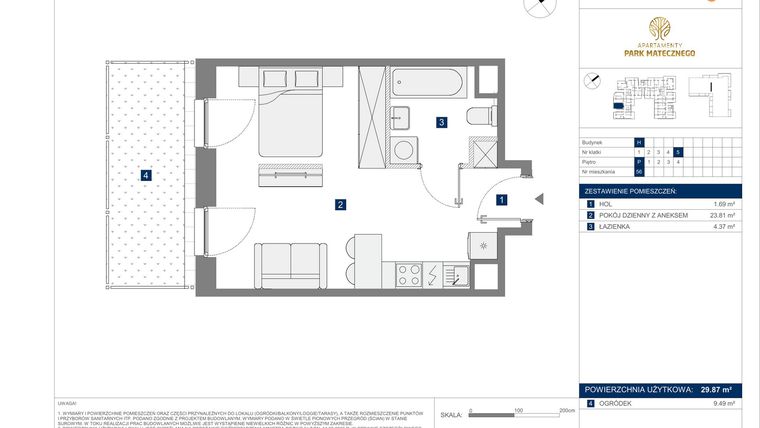 Rzut - Mieszkanie na sprzedaż 1 pokój o powierzchni 29,87 m² - numer H56 w Apartamenty Park Matecznego Etap 2.2
