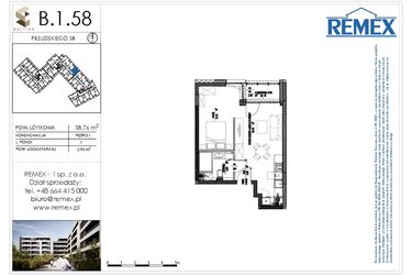 Rzut - Mieszkanie na sprzedaż 1 pokój o powierzchni 38,76 m² - numer B.1.58 w Osiedle BALTICA