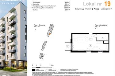 Rzut - Mieszkanie na sprzedaż 1 pokój o powierzchni 39,08 m² - numer A.19 w Osiedle Kochanowskiego - Gliwice