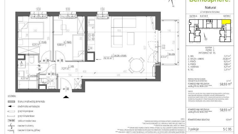 Rzut - Mieszkanie na sprzedaż 3 pokoje o powierzchni 58,93 m² - numer 5.C.95 w Bemosphere.