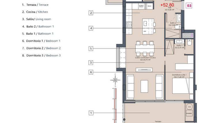 Rzut - Mieszkanie na sprzedaż 3 pokoje o powierzchni 90 m² - numer 1-EA w Mieszkania w Benijófar - 55227804