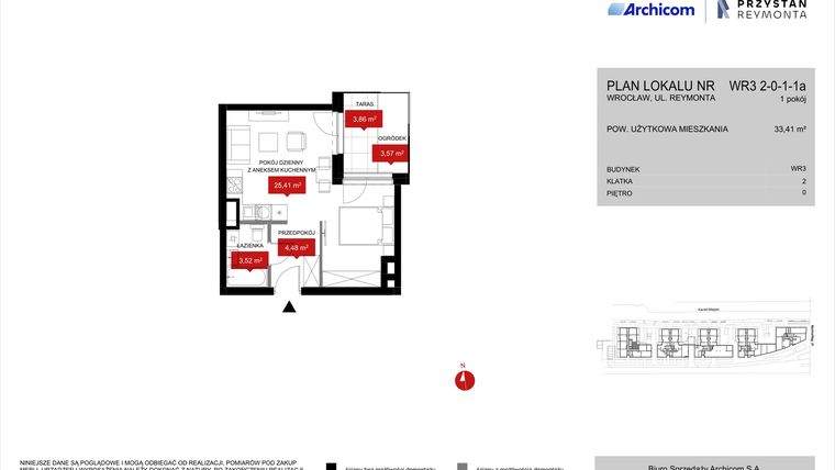Rzut - Mieszkanie na sprzedaż 1 pokój o powierzchni 33,41 m² - numer WR3 2/0/1/1a w Przystań Reymonta etap II