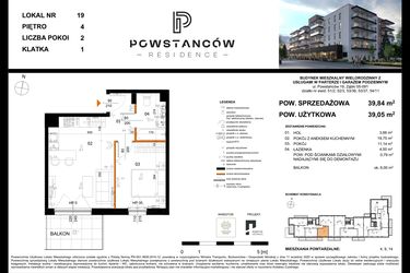 Rzut - Mieszkanie na sprzedaż 2 pokoje o powierzchni 40,9 m² - numer 19 w Powstańców Residence