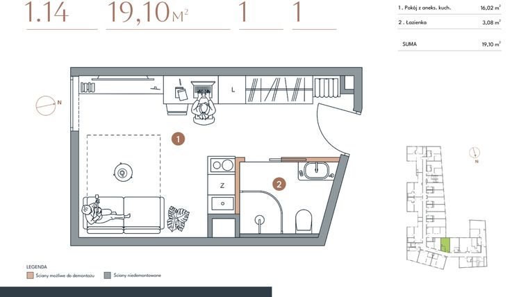 Rzut - Mieszkanie na sprzedaż 1 pokój o powierzchni 19,1 m² - numer 1.14 w Starowiejska 3