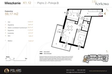 Rzut - Mieszkanie na sprzedaż 3 pokoje o powierzchni 59,17 m² - numer K1.12 w Korkowa 146