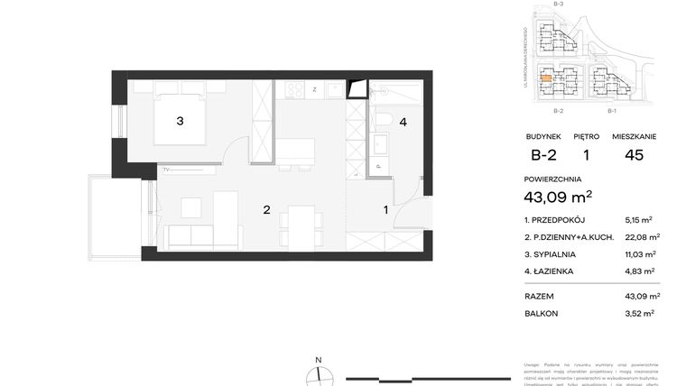 Rzut - Mieszkanie na sprzedaż 1 pokój o powierzchni 43,09 m² - numer 45 w Koncertowa Dolina