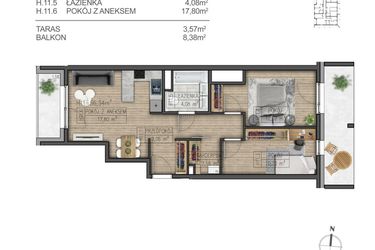 Rzut - Mieszkanie na sprzedaż 3 pokoje o powierzchni 56,34 m² - numer H11 w Osiedle Parkowe