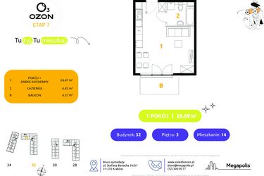 Rzut - Mieszkanie na sprzedaż 1 pokój o powierzchni 28,89 m² - numer 32.14 w Osiedle Ozon etap VII