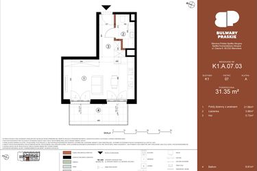 Rzut - Mieszkanie na sprzedaż 1 pokój o powierzchni 31,35 m² - numer K1.A.07.03 w Bulwary Praskie etap K i L