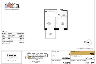 Rzut - Mieszkanie na sprzedaż 2 pokoje o powierzchni 35,86 m² - numer M13 w Kamieniczki za Strugą