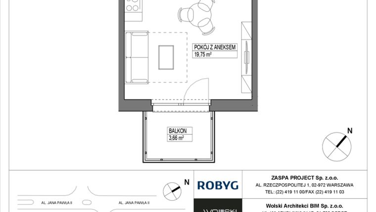 Rzut - Mieszkanie na sprzedaż 1 pokój o powierzchni 26,79 m² - numer A3M19 w Pas Startowy bud. A i B