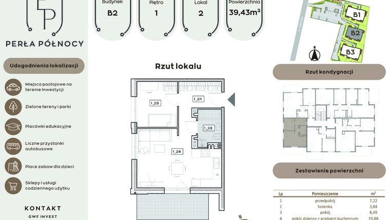 Rzut - Mieszkanie na sprzedaż 2 pokoje o powierzchni 39,43 m² - numer B2.1_2 w Perła Północy etap 2