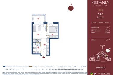 Rzut - Mieszkanie na sprzedaż 2 pokoje o powierzchni 32,26 m² - numer I.B.2.11 w GEDANIA Riverside Living - apartamenty inwestycyjne