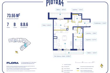 Rzut - Mieszkanie na sprzedaż 3 pokoje o powierzchni 73,55 m² - numer 8.B.6 w Piotra 4