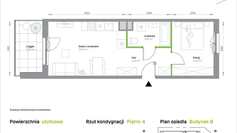 Rzut - Mieszkanie na sprzedaż 2 pokoje o powierzchni 43,66 m² - numer B/4/37 w Krakowska Vita