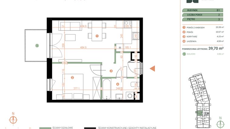 Rzut - Mieszkanie na sprzedaż 2 pokoje o powierzchni 39,7 m² - numer M.03.05 w Casa Feliz Portowa II