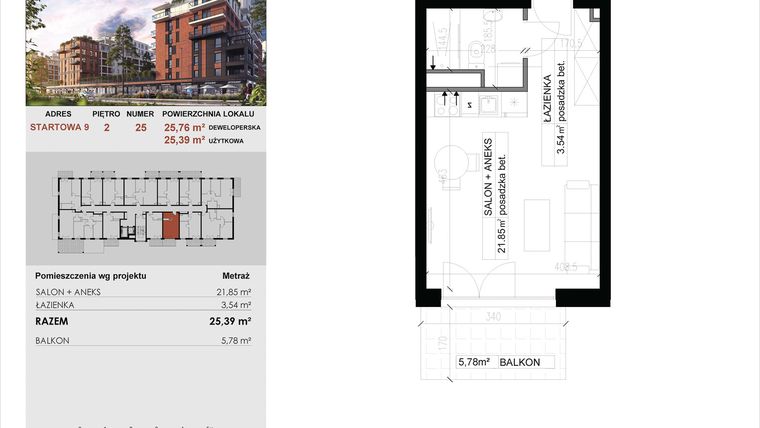 Rzut - Mieszkanie na sprzedaż 1 pokój o powierzchni 25,39 m² - numer 25 w M|City