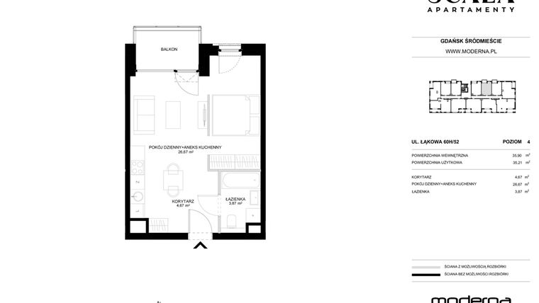 Rzut - Mieszkanie na sprzedaż 1 pokój o powierzchni 35,9 m² - numer H-52 (N) w Scala