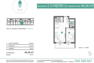 Rzut - Mieszkanie na sprzedaż 2 pokoje o powierzchni 46,36 m² - numer 03.1.7 w Port Jastarnia bud. 02, 03
