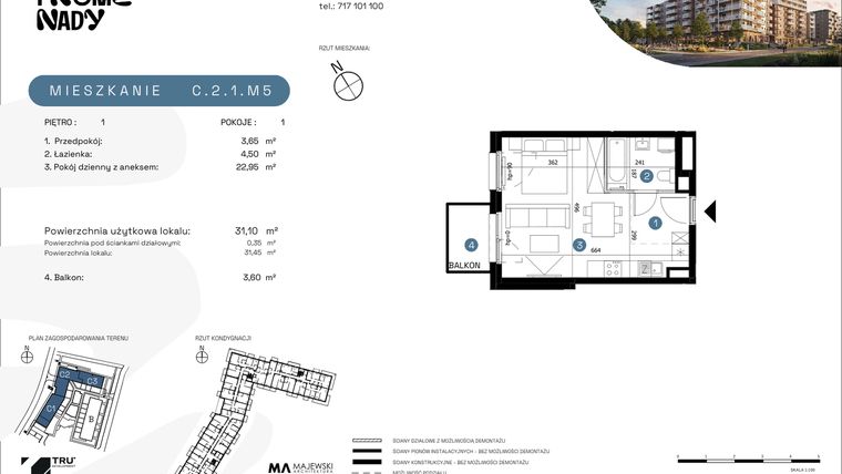 Rzut - Mieszkanie na sprzedaż 1 pokój o powierzchni 31,1 m² - numer C.2.1.M5 w Nowe Promenady etap II