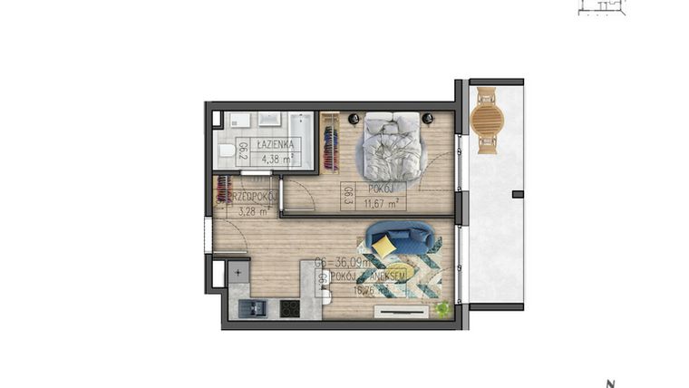 Rzut - Mieszkanie na sprzedaż 2 pokoje o powierzchni 36,09 m² - numer G6 w Osiedle Parkowe