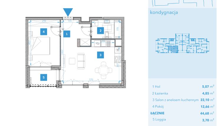 Rzut - Mieszkanie na sprzedaż 2 pokoje o powierzchni 44,68 m² - numer 2 w Apartamenty Macadamia