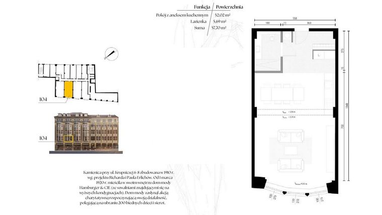 Rzut - Mieszkanie na sprzedaż 1 pokój o powierzchni 57,7 m² - numer G1/4 – 104 w Krupnicza 6/8