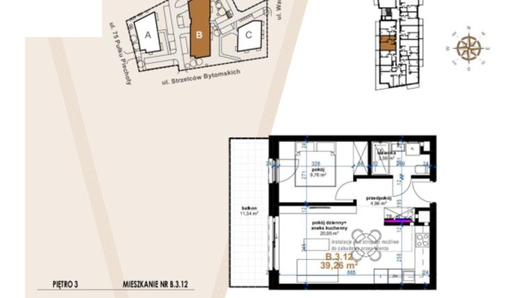 Rzut - Mieszkanie na sprzedaż 2 pokoje o powierzchni 39,26 m² - numer B.3.12 w Vanda Park