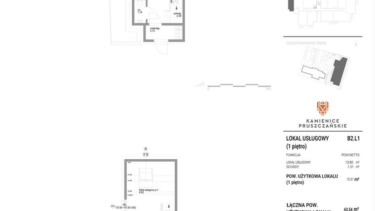 Rzut - Lokal użytkowy na sprzedaż 4 pokoje o powierzchni 43,54 m² - numer B2.L2 w Kamienice Pruszczańskie