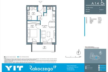 Rzut - Mieszkanie na sprzedaż 2 pokoje o powierzchni 40,8 m² - numer A.1.4 w Rakoczego 17