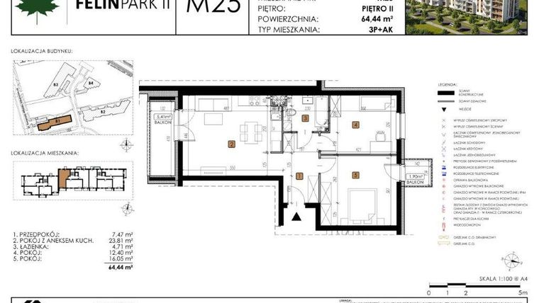 Rzut - Mieszkanie na sprzedaż 3 pokoje o powierzchni 64,41 m² - numer B1.M25 w Felin Park II