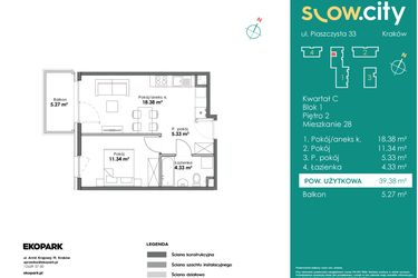 Rzut - Mieszkanie na sprzedaż 2 pokoje o powierzchni 39,38 m² - numer C1-28 w Slow City