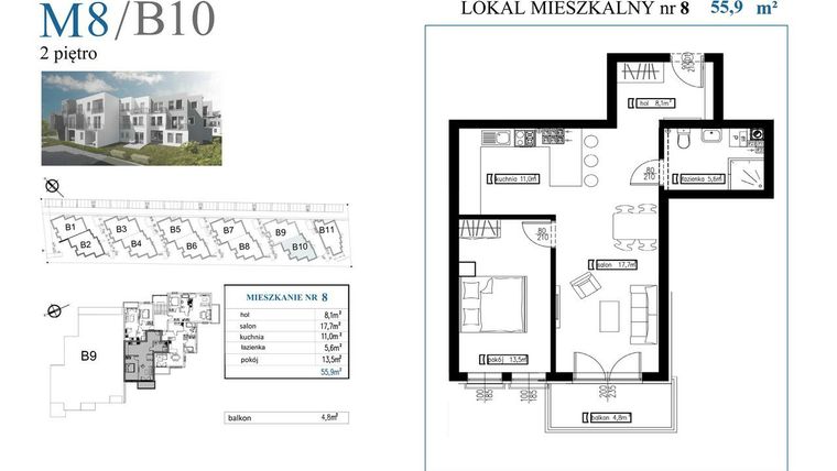 Rzut - Mieszkanie na sprzedaż 2 pokoje o powierzchni 55,9 m² - numer B10M8 w Przystań Rumia
