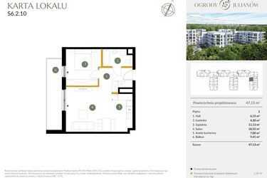 Rzut - Mieszkanie na sprzedaż 2 pokoje o powierzchni 47,13 m² - numer S6.2.10 w Ogrody Julianów