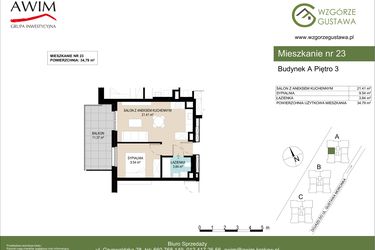 Rzut - Mieszkanie na sprzedaż 2 pokoje o powierzchni 34,79 m² - numer A23 w Wzgórze Gustawa
