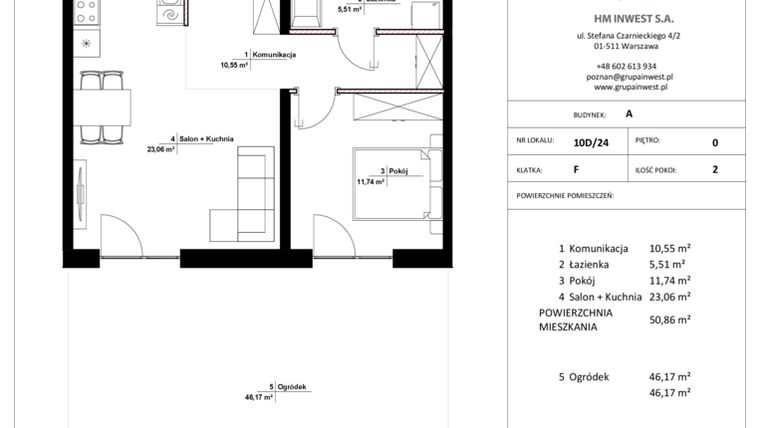 Rzut - Mieszkanie na sprzedaż 2 pokoje o powierzchni 50,86 m² - numer 10D/24 w Jasielska 8C etap II