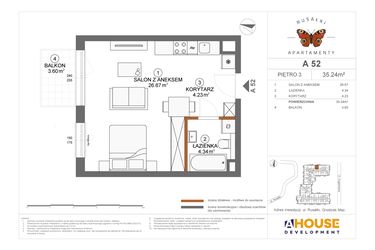 Rzut - Mieszkanie na sprzedaż 1 pokój o powierzchni 35,24 m² - numer A52 w Apartamenty Rusałki