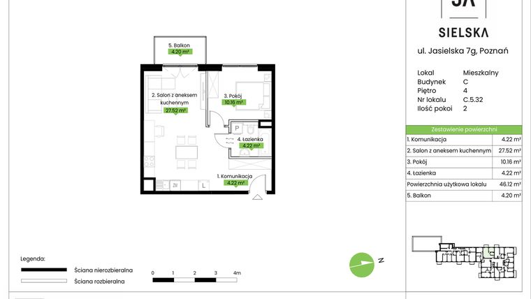 Rzut - Mieszkanie na sprzedaż 2 pokoje o powierzchni 46,12 m² - numer C.5.32 w JA_SIELSKA V