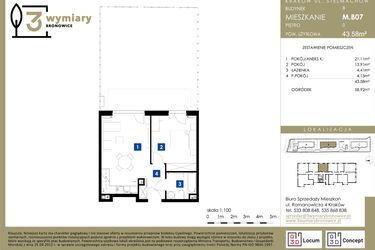 Rzut - Mieszkanie na sprzedaż 2 pokoje o powierzchni 43,58 m² - numer M.B07 w 3 Wymiary Bronowice