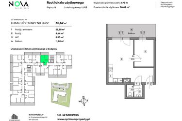 Rzut - Mieszkanie na sprzedaż 2 pokoje o powierzchni 36,62 m² - numer L.U. 22 w Nova Radiostacja - apartamenty inwestycyjne