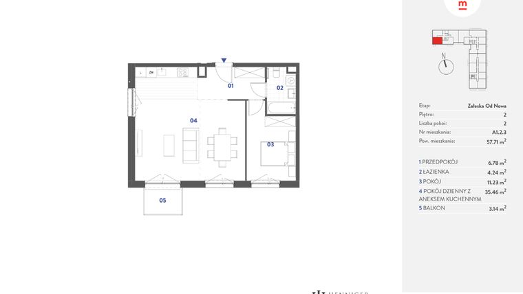 Rzut - Mieszkanie na sprzedaż 2 pokoje o powierzchni 57,71 m² - numer A1.2.3 w Mieszkaj w mieście Załęska od Nowa
