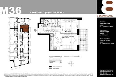 Rzut - Mieszkanie na sprzedaż 2 pokoje o powierzchni 34,35 m² - numer M36 w Sczanieckiej 8